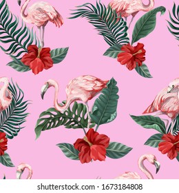 Seamless pattern with pink flamingo, flowers and jungle. Vector.