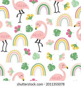 Seamless pattern with pink flamingo flowers and rainbow on a white background. Cute baby background. Cute tropical wallpaper and fabric print.