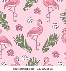 Seamless pattern with pink flamingo, flowers and tropical leaves. 