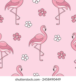 Seamless pattern with pink flamingo and flowers. 