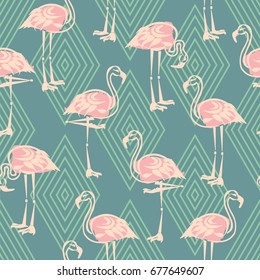 Seamless pattern. Pink flamingo. Green rhombuses. Blue background.                          