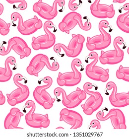Seamless pattern pink flamingo inflatable. Pool float. Inflatable colorful unicorn. Swimming circle. Realistic summertime illustration. Vector template for your summertime design