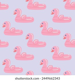 Seamless pattern pink flamingo inflatable. Pool float. Inflatable colorful unicorn. Swimming circle. Realistic summertime illustration. template for your summertime design