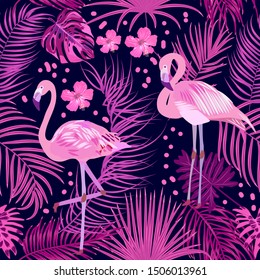 Seamless pattern of pink flamingo, leaves monstera, flowers, tropical jungle leaves of palm tree. Vector background. 