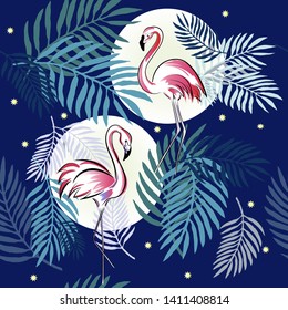 Seamless pattern with pink flamingo, light circles, leaves of palm tree on a dark blue background
