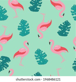 Patrón sin foco con flamingo rosa y hojas de monstera en fondo verde