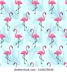 seamless pattern of pink flamingo on the blue background with palm leaves
