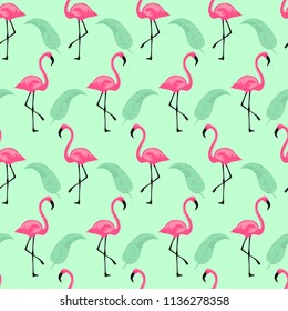 seamless pattern of pink flamingo on the mint color background with banana leaves