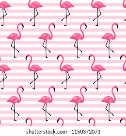 seamless pattern of pink flamingo on pink background with white and pink strips