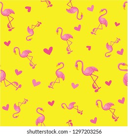 Seamless pattern of pink flamingo on yellow background with hearts