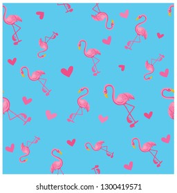 Seamless pattern of pink flamingo on blue background with hearts