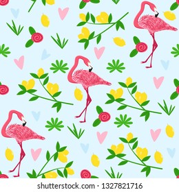 seamless pattern with pink flamingo on a blue background- vector illustration, eps