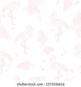 Seamless pattern of pink flamingo on white background with dots