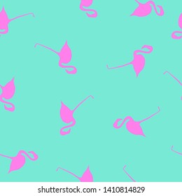 Seamless pattern pink flamingo on blue background. Tropical birds simple print for fabric textile, drawn wall paper, aquamarine summer banner, scrapbook. Vector design eps 10
