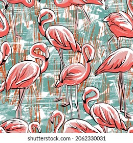 Seamless pattern. Pink flamingo on the water, on a blue background. Sketch by hand. Stylish fashion pattern. Vector.