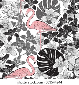 Seamless pattern with pink flamingo on the background of tropical plants. Hand-drawn vector illustration.