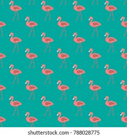 Seamless pattern with pink flamingo on teal. Polka dot style. Vector Illustration