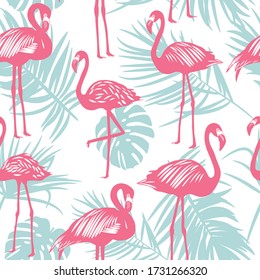 Seamless pattern of pink flamingo with palm leaves on white background, exotic bird, vector illustration