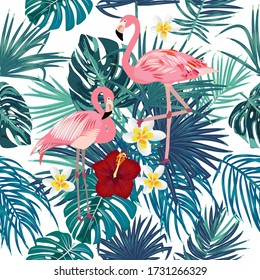 Seamless pattern of pink flamingo with palm leaves and flowers on white background, exotic bird, vector illustration