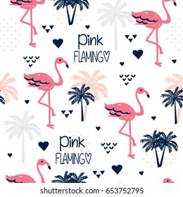 seamless pattern with pink flamingo and palm tree, wrapping paper, vector textile fabric print