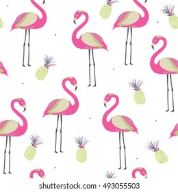 Seamless pattern with pink flamingo and pineapples for baby girl shower invitation, wallpaper, textile or other design
