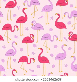 Padrão contínuo de um flamingo rosa e conchas do mar em um fundo rosa claro. Fundo editável do vetor.