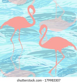 Seamless pattern with pink flamingo silhouette. Vector colorful pattern background. 