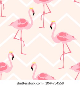 Seamless pattern pink flamingo standing wears a crown on zig zag pastel color background.printing wallpaper.vector illustration