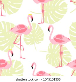 Seamless pattern pink flamingo standing on tropical leaves and white background.printing wallpaper.vector illustration