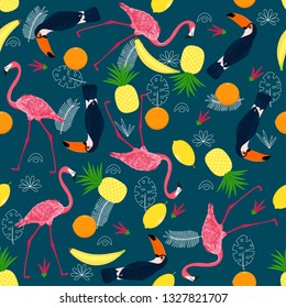 seamless pattern with pink flamingo and toucan - vector illustration, eps