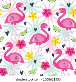 seamless pattern with pink flamingo and tropical flowers - vector illustration, eps