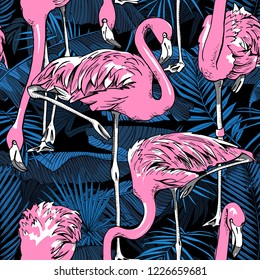 Seamless pattern. Pink Flamingo and a Tropical banana, exotic palm leaves at a dark blue night. Textile composition, hand drawn style print. Vector illustration.