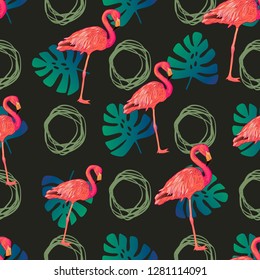 Seamless pattern with pink flamingo and  tropical leaves