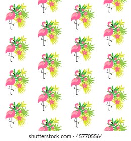 Seamless pattern with  pink flamingo and tropical plants, isolated on white