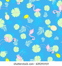 Seamless pattern pink flamingo tropical flowers vector