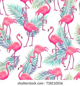 Seamless pattern with pink flamingo and Tropical leaves. Beautiful design for prints, textile and decoration.