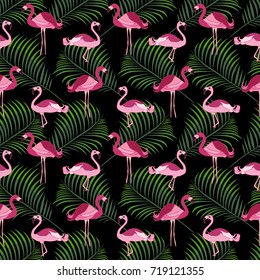 Seamless Pattern with pink flamingo and tropical flora.