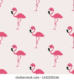 Seamless pattern of pink flamingo vector illustration. Pixel art. 8 bit