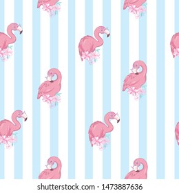 Seamless pattern with pink flamingo. Vector illustration