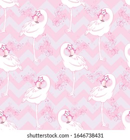 Seamless pattern with pink flamingo. Vector illustration