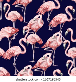 Seamless pattern with pink flamingo. Vector.