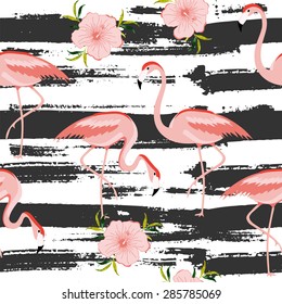 Seamless pattern with a pink flamingo. Vector illustration.
