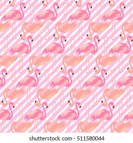 Seamless pattern with pink flamingo. Vector.