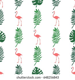 a seamless pattern with a pink flamingo; vector illustration; hand drawn tropical leaves