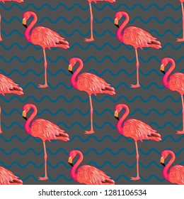 Seamless pattern with pink flamingo and wave lines on gray background