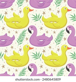 Seamless pattern with pink flamingo and yellow duck. A float for the pool. Inflatable colorful ducks and flamingos. A swimming circle. Vector template for your summer beach design