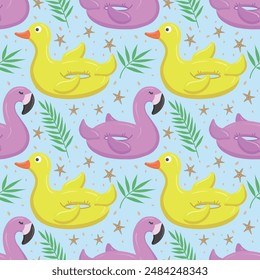 Seamless pattern with pink flamingo and yellow duck. A float for the pool. Inflatable colorful ducks and flamingos. A swimming circle. Vector template for your summer beach design