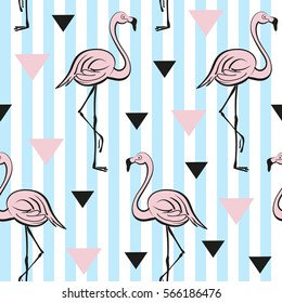 Seamless pattern with pink flamingos. Blue stripes background. Pop art style.