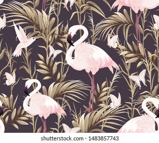 seamless pattern with pink flamingos, butterflies and golden leaves