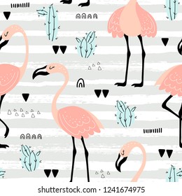Seamless pattern with pink flamingos and cacti on a striped background. Funny tropical illustration made in vector.